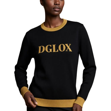 DGLOX Luxe-Knit crew neck sweater in black and gold. Premium Unisex Knit Sweatshirt with classic logo design, luxury casual streetwear pullover for fall and winter fashion. Made with High Quality Material