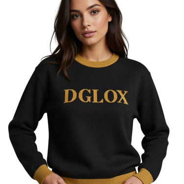 DGLOX Luxe-Knit crew neck sweater in black and gold. Premium Unisex Knit Sweatshirt with classic logo design, luxury casual streetwear pullover for fall and winter fashion. Made with High Quality Material