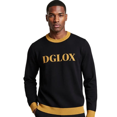 DGLOX Luxe-Knit crew neck sweater in black and gold. Premium Unisex Knit Sweatshirt with classic logo design, luxury casual streetwear pullover for fall and winter fashion. Made with High Quality Material DGLOX