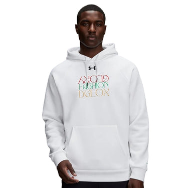 A White Dglox Under Armour hoodie with the Dglox logo and text graphic on the front. It features a hood, drawstrings, and a front pouch pocket.