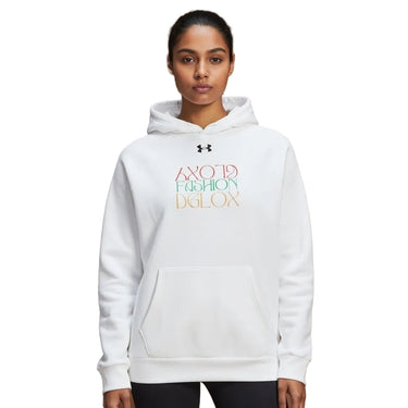 A White Dglox Under Armour hoodie with the Dglox logo and text graphic on the front. It features a hood, drawstrings, and a front pouch pocket.