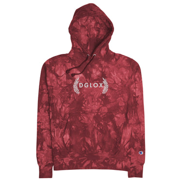 DGLOX Champion tie-dye garment hoodie in mulled berry red, unisex streetwear pullover sweatshirt with embroidered logo, premium cotton fleece hoodie for men and women, casual winter fashion