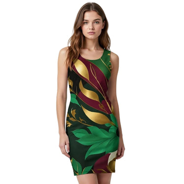 Woman wearing a colorful Dglox body-con dress with leaf pattern on a plain background