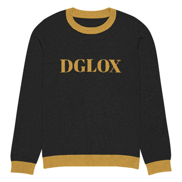 DGLOX Luxe-Knit crew neck sweater in black and gold. Premium Unisex Knit Sweatshirt with classic logo design, luxury casual streetwear pullover for fall and winter fashion. Made with High Quality Material