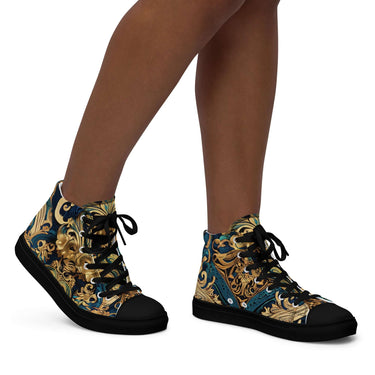 Stylish Women’s Pure Royal High Top Sneakers with baroque pattern, black rubber sole, lace-up front, and faux leather toe cap. DGLOX