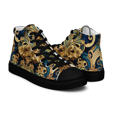 Women's Pure Royal Sneaker with ornate gold and blue pattern, high top design, polyester canvas, EVA rubber outsole, and faux leather toe cap. DGLOX