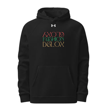 A black Under Armour hoodie with the Dglox logo and text graphic on the front. It features a hood, drawstrings, and a front pouch pocket. DGLOX