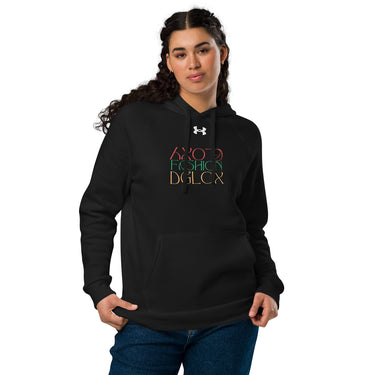 A Black Under Armour hoodie with the Dglox logo and text graphic on the front. It features a hood, drawstrings, and a front pouch pocket. DGLOX