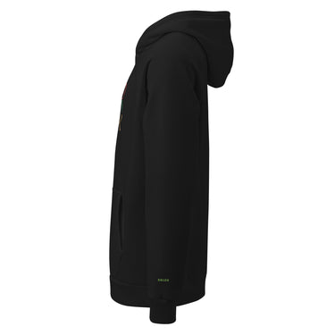 A black Under Armour hoodie with the Dglox logo and text graphic on the front. It features a hood, drawstrings, and a front pouch pocket. DGLOX