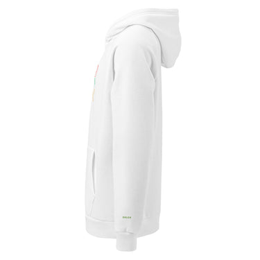A White Under Armour hoodie with the Dglox logo and text graphic on the front. It features a hood, drawstrings, and a front pouch pocket. DGLOX