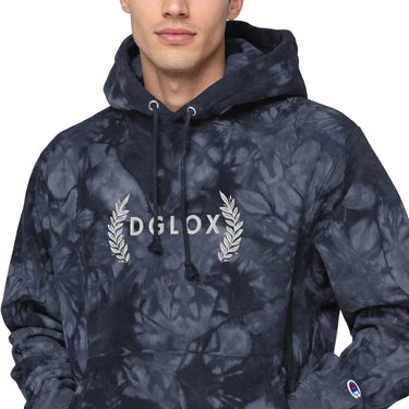 DGLOX Champion tie-dye garment hoodie in mulled navy blue, unisex streetwear pullover sweatshirt with embroidered logo, premium cotton fleece hoodie for men and women, casual winter fashion