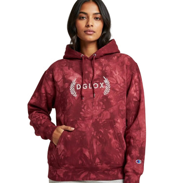 DGLOX Champion tie-dye garment hoodie in mulled berry red, unisex streetwear pullover sweatshirt with embroidered logo, premium cotton fleece hoodie for men and women, casual winter fashion