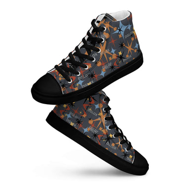 Women’s high top canvas shoes with colorful star pattern, polyester upper, EVA rubber outsole, padded collar, lace-up front. DGLOX