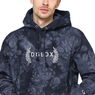 DGLOX Champion tie-dye garment hoodie in mulled navy blue unisex streetwear pullover sweatshirt with embroidered logo, premium cotton fleece hoodie for men and women, casual winter fashion DGLOX