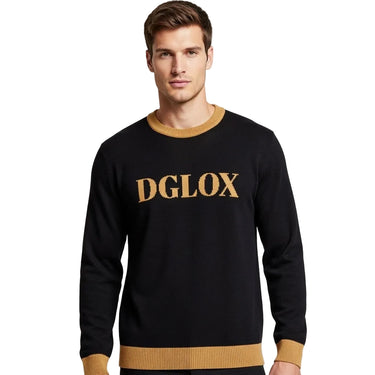 DGLOX Luxe-Knit crew neck sweater in black and gold. Premium Unisex Knit Sweatshirt with classic logo design, luxury casual streetwear pullover for fall and winter fashion. Made with High Quality Material