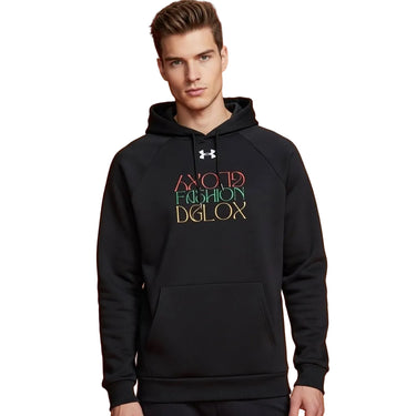 A Black Dglox Under Armour hoodie with the Dglox logo and text graphic on the front. It features a hood, drawstrings, and a front pouch pocket.