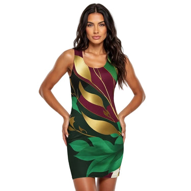 Woman wearing a colorful Dglox dress with leaf patterns on a white background