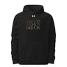 A black Under Armour hoodie with the Dglox logo and text graphic on the front. It features a hood, drawstrings, and a front pouch pocket. DGLOX