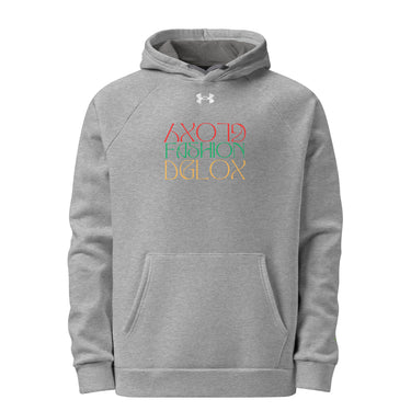 A Grey Under Armour hoodie with the Dglox logo and text graphic on the front. It features a hood, drawstrings, and a front pouch pocket. DGLOX