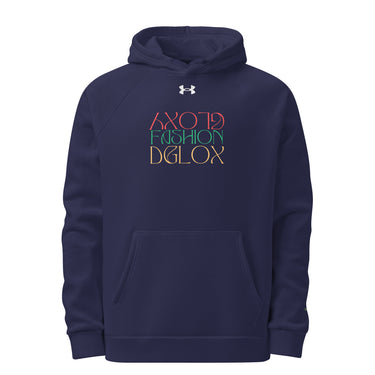 A Navy blue Under Armour hoodie with the Dglox logo and text graphic on the front. It features a hood, drawstrings, and a front pouch pocket. DGLOX