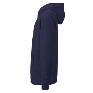 A Navy Blue Under Armour hoodie with the Dglox logo and text graphic on the front. It features a hood, drawstrings, and a front pouch pocket. DGLOX