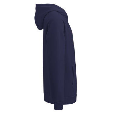 A Navy Blue Under Armour hoodie with the Dglox logo and text graphic on the front. It features a hood, drawstrings, and a front pouch pocket. DGLOX