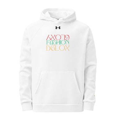 A White Under Armour hoodie with the Dglox logo and text graphic on the front. It features a hood, drawstrings, and a front pouch pocket.