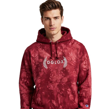 DGLOX Champion tie-dye garment hoodie in mulled berry red, unisex streetwear pullover sweatshirt with embroidered logo, premium cotton fleece hoodie for men and women, casual winter fashion DGLOX