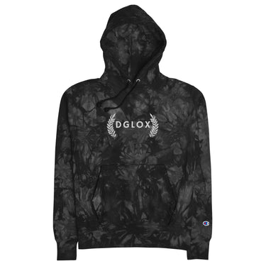 DGLOX Champion tie-dye garment hoodie in mulled black, unisex streetwear pullover sweatshirt with embroidered logo, premium cotton fleece hoodie for men and women, casual winter fashion