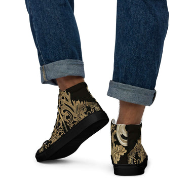 Stylish men wearing royal print high top sneakers with denim jeans, showcasing the intricate gold design and comfortable fit
