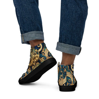 Man wearing Men’s Pure Royal high top sneakers with a colorful paisley pattern and rolled-up jeans.
