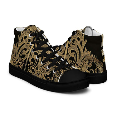 Men's royal print high top sneakers with black faux leather toe cap and gold ornate design, side view, against white background.