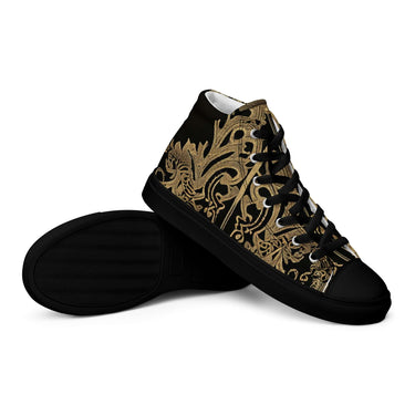 Men's Royal Print High Top Sneakers with black sole, gold ornate pattern, and lace-up front. Stylish and breathable footwear for casual wear.