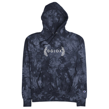 DGLOX Champion tie-dye garment hoodie in mulled navy blue, unisex streetwear pullover sweatshirt with embroidered logo, premium cotton fleece hoodie for men and women, casual winter fashion