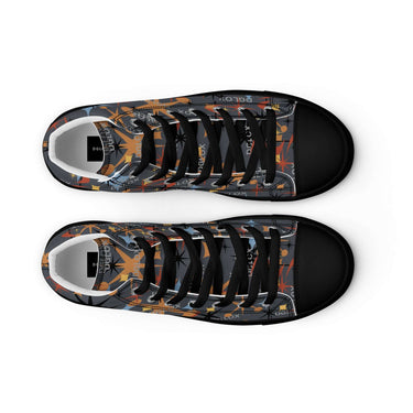 Stylish women’s high top canvas shoes with colorful geometric pattern, lace-up front, and black faux leather toe cap.