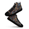 Women’s high top canvas shoes with colorful star pattern, polyester upper, EVA rubber outsole, padded collar, lace-up front.