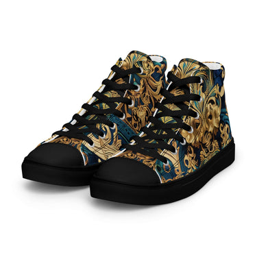Women's Pure Royal Sneaker with intricate blue and gold pattern, high top design, and black faux leather toe cap.